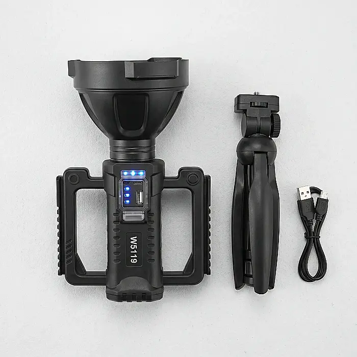 Lanternă Multifuncțională LED Reîncărcabilă – 4800 mAh, 4 Moduri Iluminare, Powerbank USB, Indicator Baterie, Trepied Inclus, Rezistentă la Uzură, Negru [4]