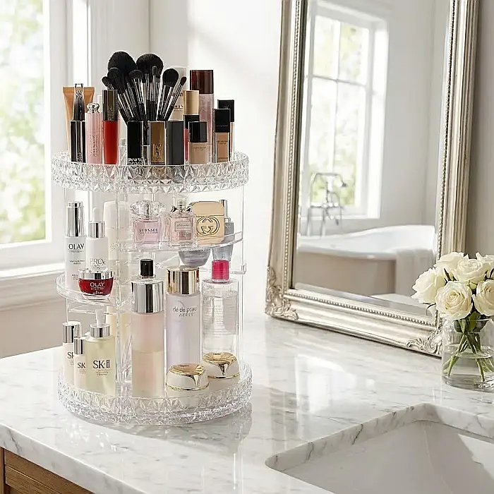 Cutie Machiaj Rotativă 360° Transparentă – Organizator de Elită pentru Cosmetice și Bijuterii, Sistem Modular Multi-Nivel și Design Crystal-Clear: Eleganță și Organizare Desăvârșită pentru Masa ta de  [3]