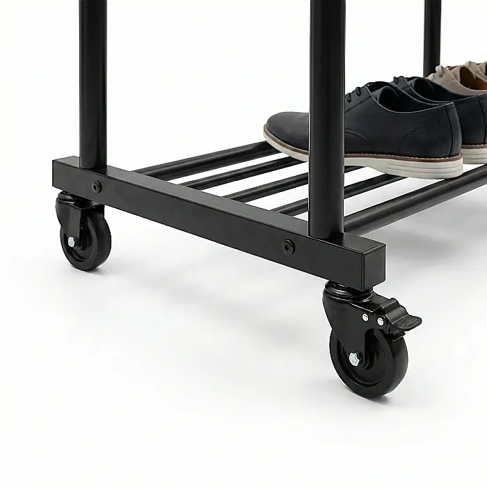 Suport Mobil pentru Umerașe și Accesorii – Structură Metalică Rezistentă, 150x96x45 cm, Roți cu Frână, Raft Pantofi și Cuiere Laterale, Negru [4]