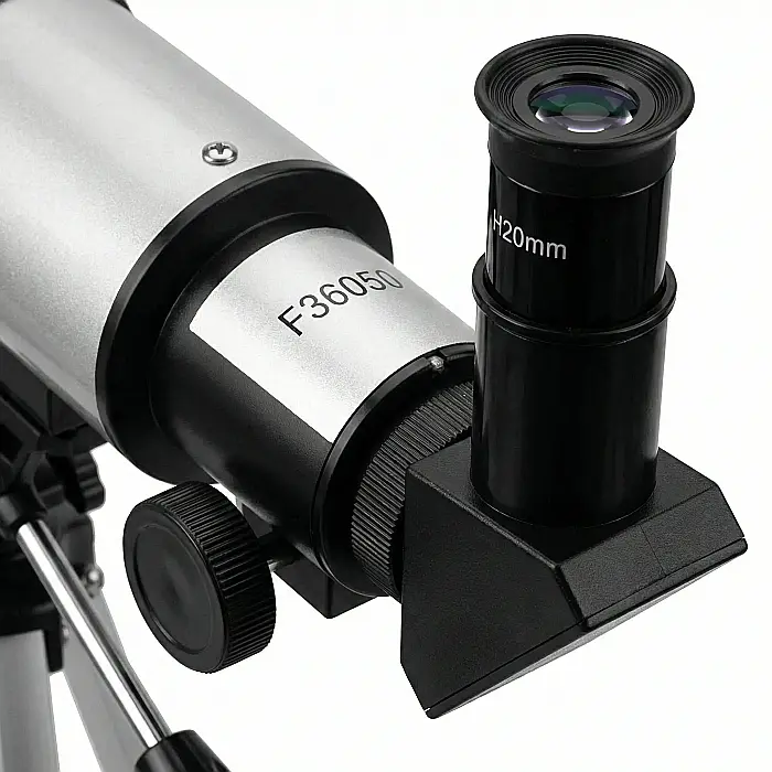 Telescop Astronomic Profesional 360 mm – Lentilă 50 mm, Prisme 90°, Oculare H20mm & H6mm, Trepied Aluminiu 38 cm, Portabil, Ideal pentru Începători și Observații Lunare, Argintiu [4]