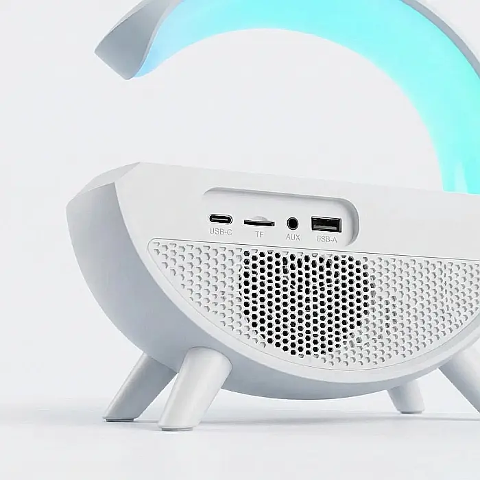 Boxă Bluetooth Multifuncțională 3 în 1 – Lampa LED RGB, Încărcător Wireless Telefon, Redare Bluetooth/AUX/USB/MicroSD, Radio FM, Alb [3]