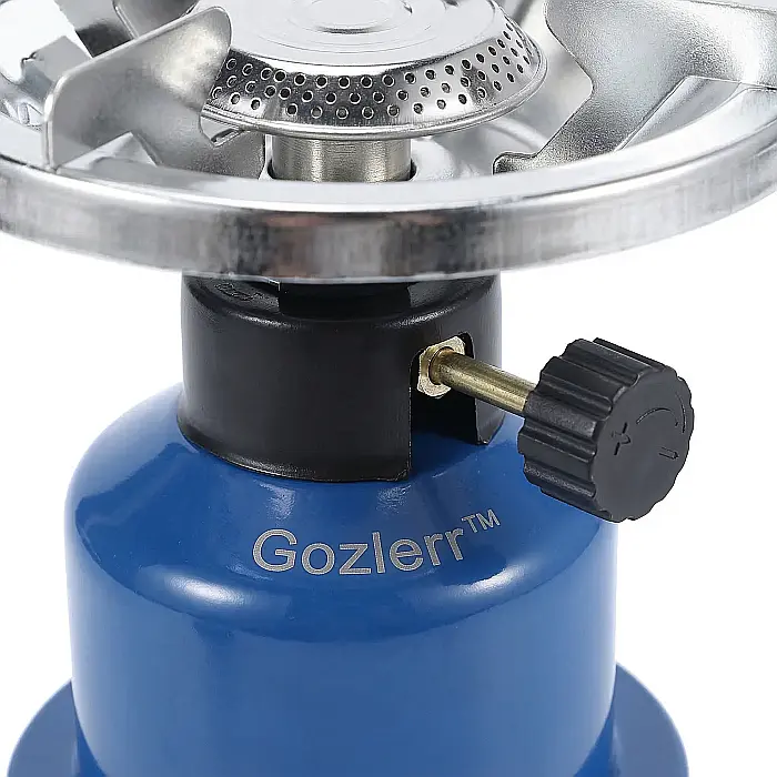 Gozlerr™ Aparat Portabil de Gătit – Mini Aragaz de Camping cu Protecție Antivânt, Grătar Ergonomic și Reglaj Flacără, Ușor și Compact, Albastru [4]