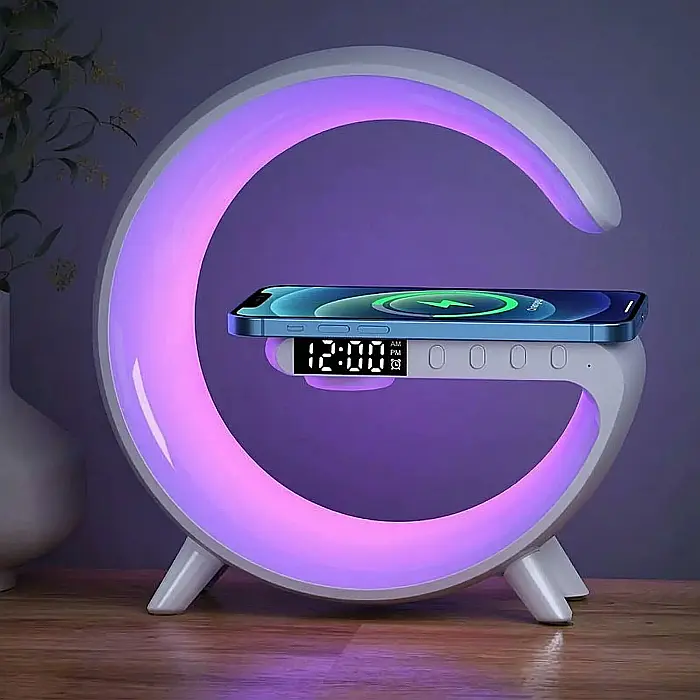 Lampă Smart LED RGB 5-în-1 G63 – Încărcare Wireless 15W, Difuzor Bluetooth 360°, Ceas cu Alarmă și Simulare Răsărit, Lumină Ambientală Reglabilă, Design Modern [4]