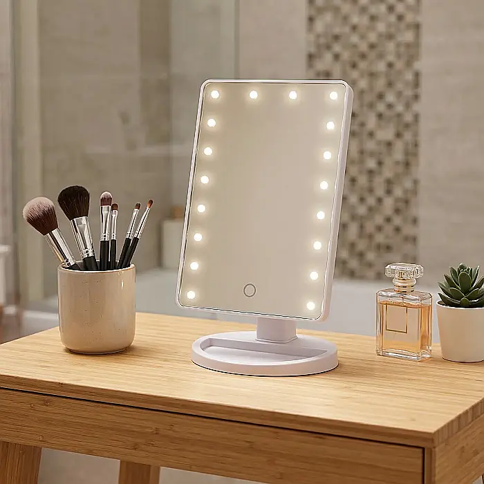 Oglindă pentru Machiaj NAGO cu 16 LED-uri, Buton Tactil, Efect de Mărire, Rotire 180°, Bază cu Suport pentru Bijuterii, Dimensiuni 17x12x27 cm, Culoare Albă [4]
