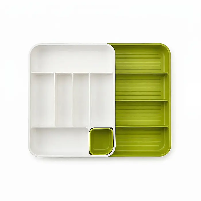 Organizator Reglabil pentru Sertar Tacâmuri – Tavă Extensibilă din Plastic, 5–7 Compartimente, Dimensiune Ajustabilă 29–48 cm, Ideală pentru Bucătărie, Culoare Alb-Verde [4]