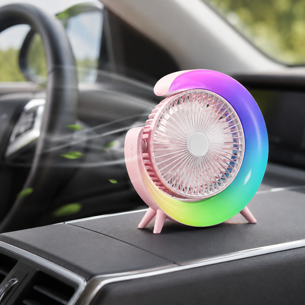 Mini Ventilator Portabil cu LED RGB, 3 Viteze, 5 Moduri de Iluminare, Ajustare 180°, Alimentare USB, Roz [4]