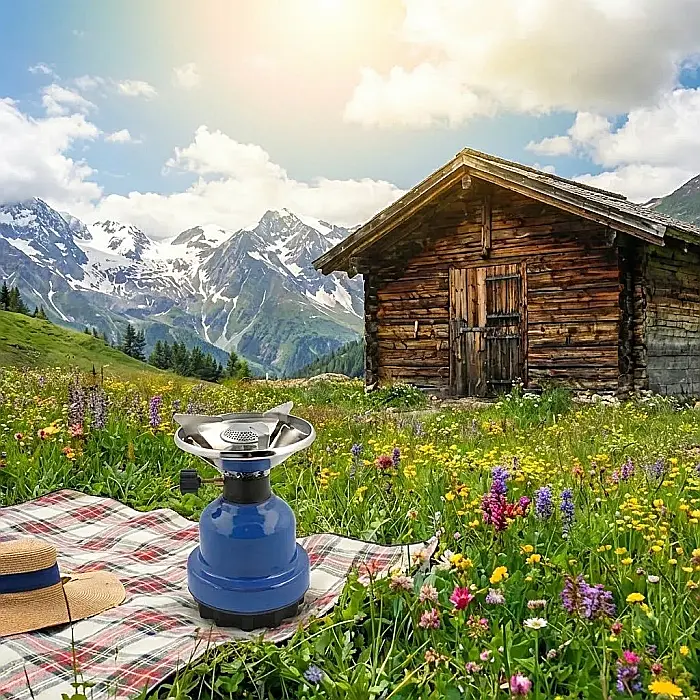 Plită pe Gaz Portabilă pentru Camping și Drumeții – Un Singur Arzător, Alimentare cu Cartușe, Design Compact, Bază Stabilă și Metal Rezistent: Libertate Culinară și Confort sub Cerul Liber [3]
