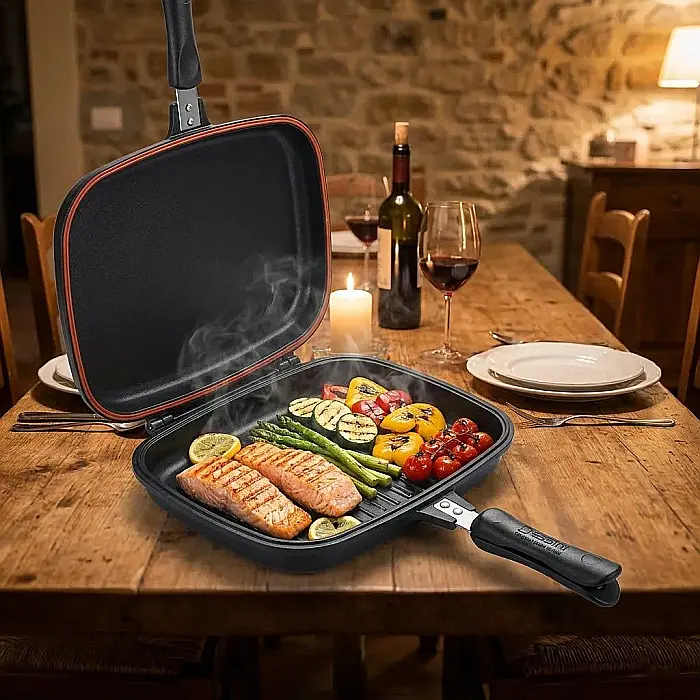 Tigaie Dublă Gourmet Evolution 36 cm – Suprafață Antiaderentă Grill și Clasică, Aluminiu Turnat, Strat Non-Stick Marmorat, Mâner cu Magnet și Garnitură Silicon: Excelență Culinară, Gătire Fără Fum și  [3]