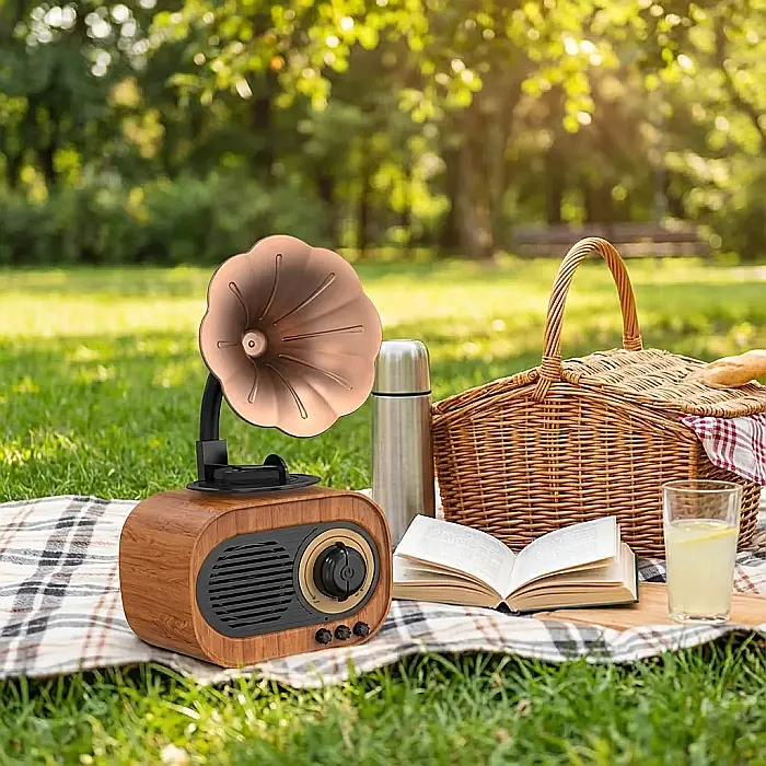 Boxă Portabilă Retro Gramofon – Bluetooth 4.0, USB/TF/AUX, Baterie 1200 mAh, Design Vintage Lemn, Sunet Clar și Bas Profund, Dimensiuni 11×23 cm [3]