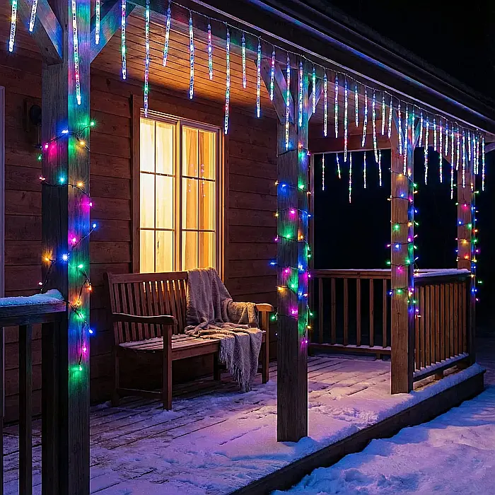Set 3 Instalații Franjuri Multicolor pentru Crăciun – 3 x 13 m, Total 39 m, 300 LED-uri Tip Turturi, Perdea Luminoasă Interconectabilă, Interior și Exterior [4]