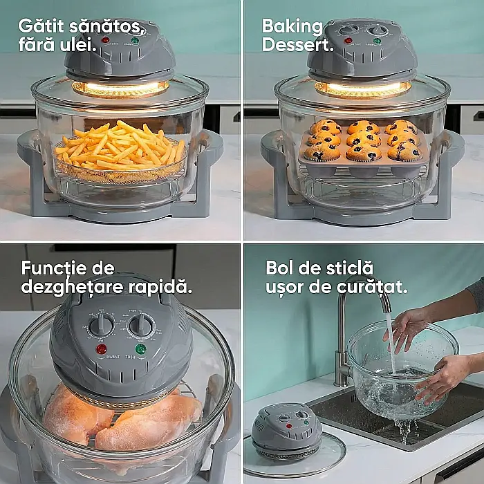 Cuptor cu Halogen 17 L Negru – 1400 W, Control Temperatură Reglabilă 65-250°C, Temporizator 60 Min, Capacitate Extinsă, Coacere Rapidă și Uniformă fără Ulei [3]