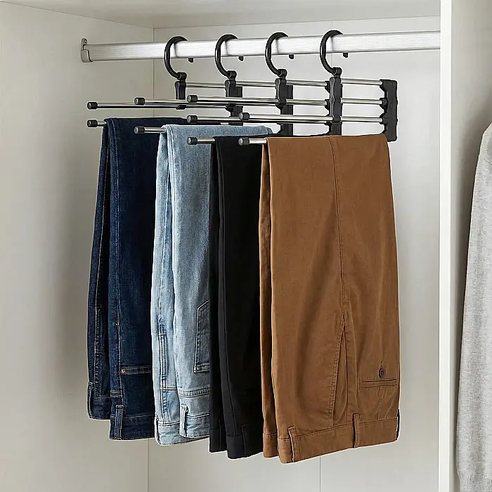 Umeraș Organizator pentru Pantaloni Palmonix: 5 Brațe Extensibile, Oțel Rezistent și Design Compact pentru Maximizarea Spațiului [4]