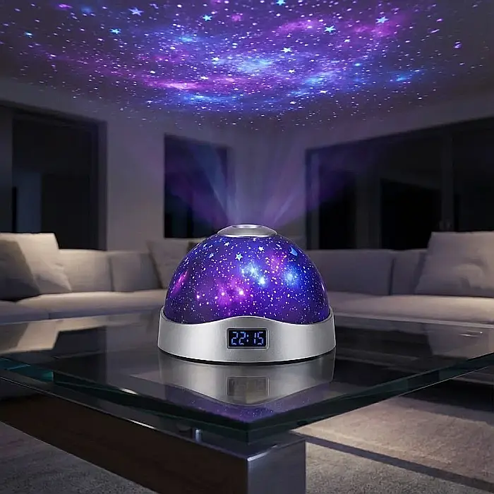 Ceas Digital cu Proiecție Ora și Stele pe Tavan – Lampă de Veghe cu LED în 3 Culori, Joc de Lumini Curcubeu, Design Rotund și Portabil: Atmosferă Magică și Somn Liniștit pentru Camera Copilului [2]