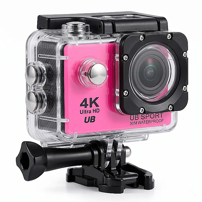 Cameră Sport 4K Ultra HD UB – Rezistentă la Apă (30m), Carcasă Roz, Unghi Larg 170°, Foto 20MP, Wi-Fi, Funcție Slow Motion, Set Complet Accesorii Montare [3]