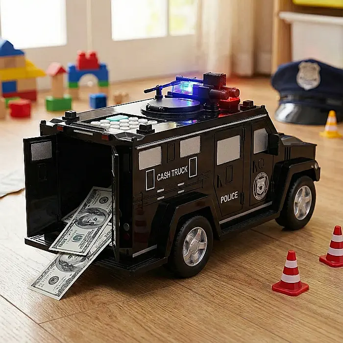 Pusculiță Electronică Mașină Blindată de Poliție cu PIN și Recunoaștere Amprentă – Protecție Avansată, Lumini și Semnale, Depozitare Bani și Bancnote, Ideală pentru Copii, Plastic Negru, Dimensiuni 27 [3]