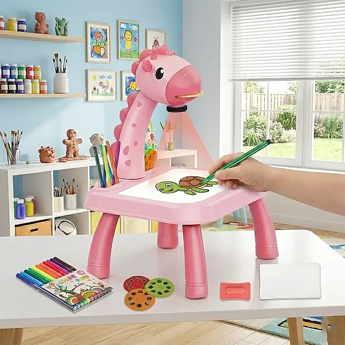 Proiector de Desen pentru Copii cu Măsuță Lavabilă – 3 Discuri cu Imagini (Animale, Vehicule, Fructe), Carioci Incluse, Suprafață Reutilizabilă și Design Ergonomic: Dezvoltă Creativitatea, Imaginația  [3]