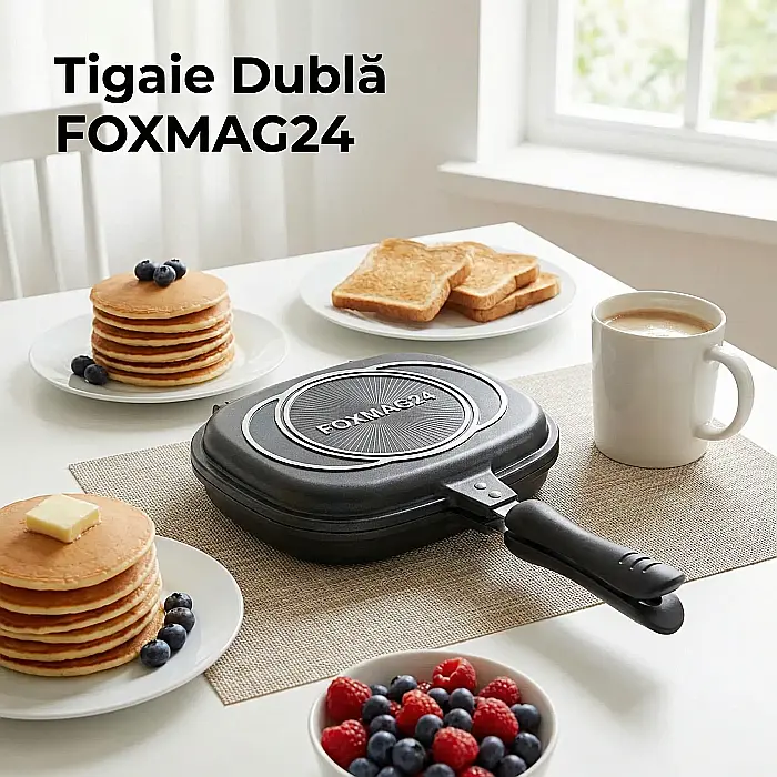 Tigaie Dublă pentru Clătite FOXMAG24 – Suprafață Antiaderentă Ceramică-Titan cu Infuzie de Diamante, Mânere Reci din Inox, 35x20 cm, Ideală pentru Omlete și Toast [3]