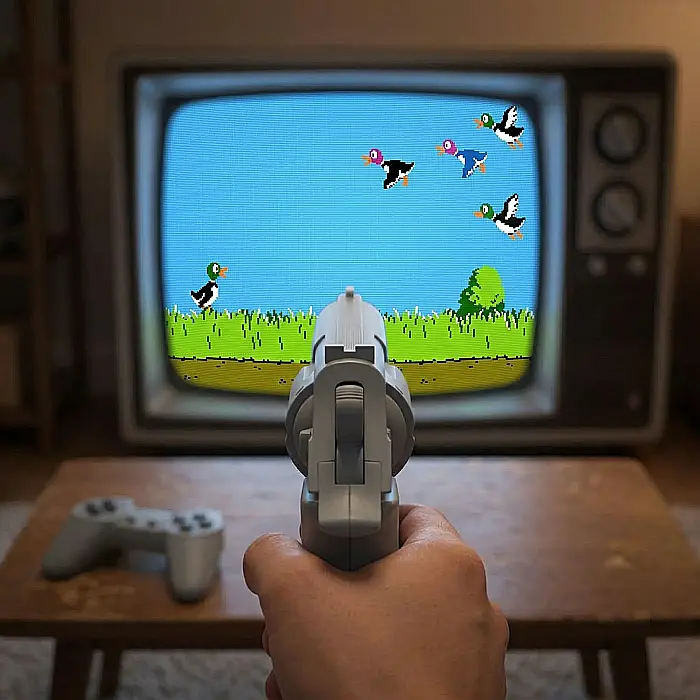 Consolă Joc TV Retro 8-Bit cu Pistol și 2 Joystick-uri – 999.999 Jocuri Incoroporate, Suport Dischete Clasice, Conectare TV Plug & Play, Jocuri Legendare (Mario, Duck Hunt), Negru [3]