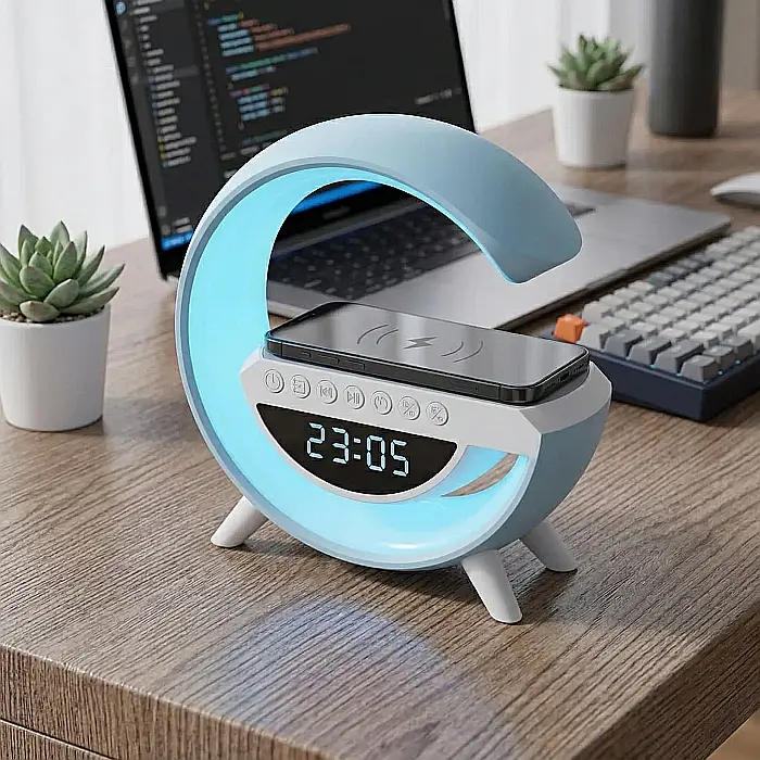 Boxă Bluetooth Multifuncțională 3 în 1 – Lampa LED RGB, Încărcător Wireless Telefon, Redare Bluetooth/AUX/USB/MicroSD, Radio FM, Alb [2]