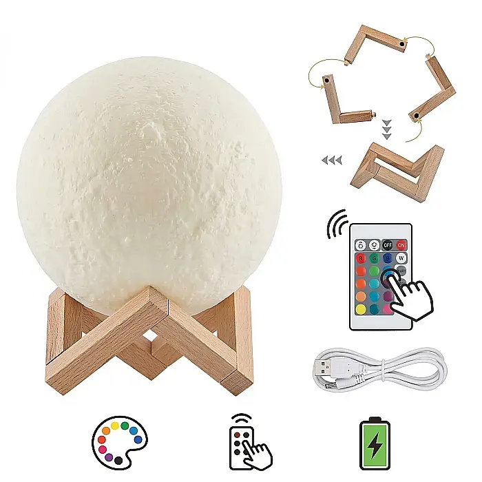 Lampă LED 3D Lună XL 15 cm – 16 Culori, Telecomandă și Control Tactil, Suport din Lemn, Reîncărcabilă USB, Design Realist, Lumină Ambientală și de Veghe [4]