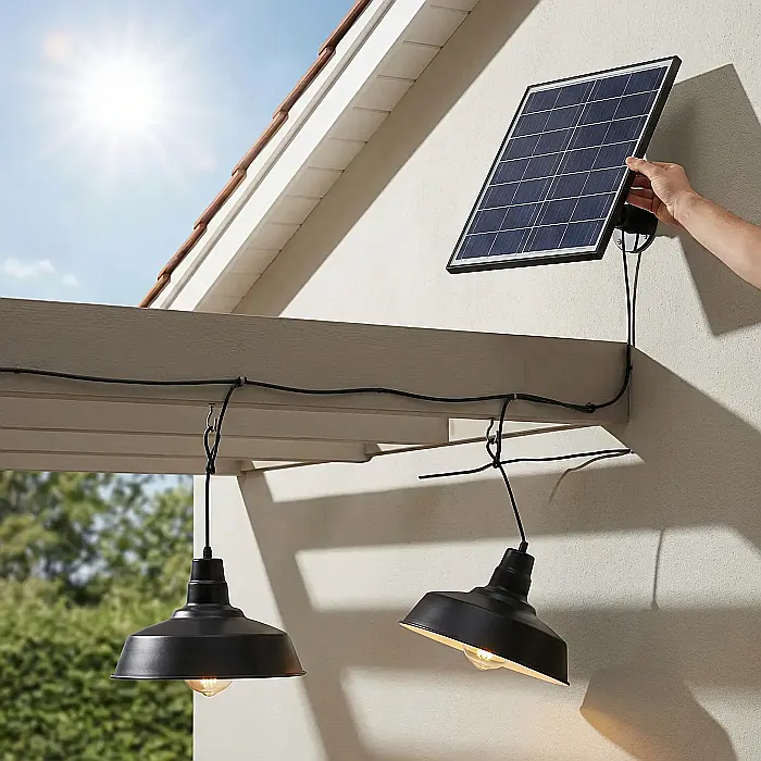 Set 2 Lămpi Solare Suspendate cu Abajur Metalic și Telecomandă – Putere 50W, 30 LED-uri SMD, Panou Solar 5.5V, Rezistente la Apă IP44/IP65, Autonomie 6-8 ore [3]