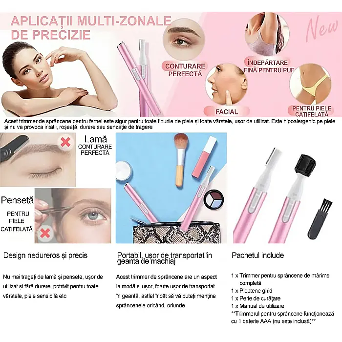 Mini Epilator Electric și Aparat de Tuns Sprâncene Skysuper Groomer NS-668 – 2 Capete Interschimbabile, Reîncărcabil USB, Cap Lavabil, Design Portabil, Alb/Roz [3]