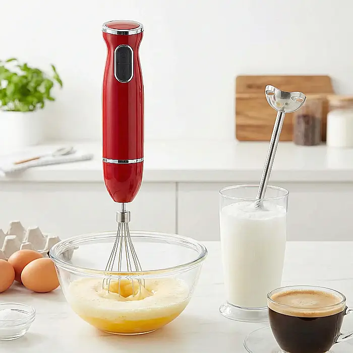 Set Blender de Mână Profesional 5 în 1 – 500W, Lame Inox, Trepte de Viteză, Cană 500 ml, Tocător 500 ml, Tel, Accesoriu Spumare Lapte, Multifuncțional și Silențios, Roșu Vibrant [3]