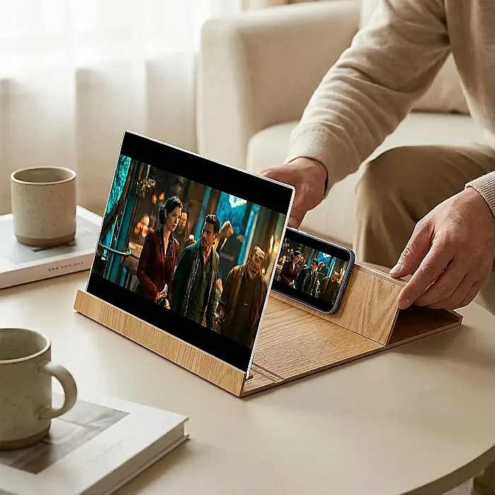 Suport Telefon EDAR cu Amplificator de Imagine 3D – Ecran 12 inch, Lupă pentru Smartphone, Protecție Ochi, Ideal pentru Filme și Jocuri, Design Portabil, Maro/Bej [3]