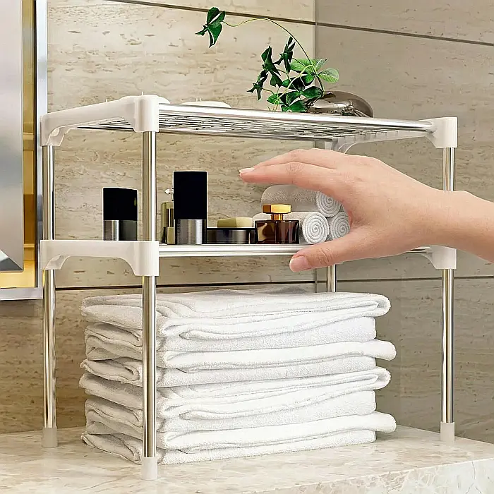 Raft Multifuncțional pentru Birou, Baie și Bucătărie – 2 Niveluri, Oțel Inoxidabil și Accesorii Plastic, Stabil și Rezistent, Modular și Extensibil, 50 x 56 cm [3]