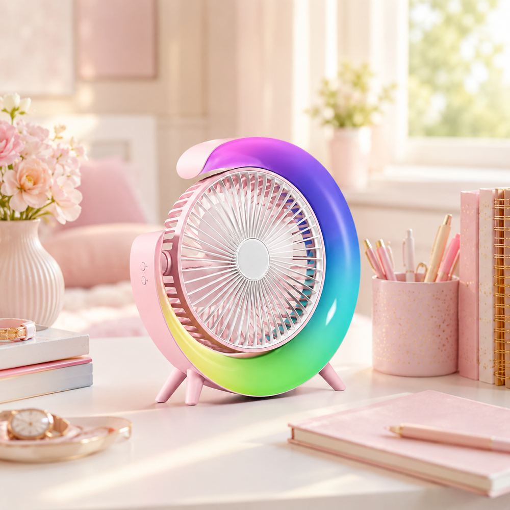 Mini Ventilator Portabil cu LED RGB, 3 Viteze, 5 Moduri de Iluminare, Ajustare 180°, Alimentare USB, Roz [3]