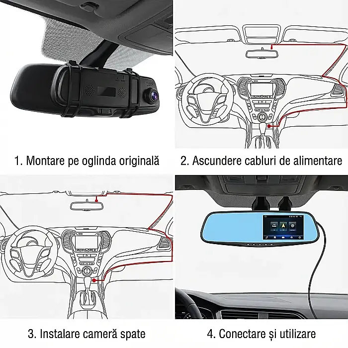 Oglindă Retrovizoare cu Cameră Auto Full HD – Unghi 120°, Senzor Mișcare, LED Noapte, Montaj Peste Oglinda Originală, Alimentare 12V, Compatibilă microSD până la 32GB [2]