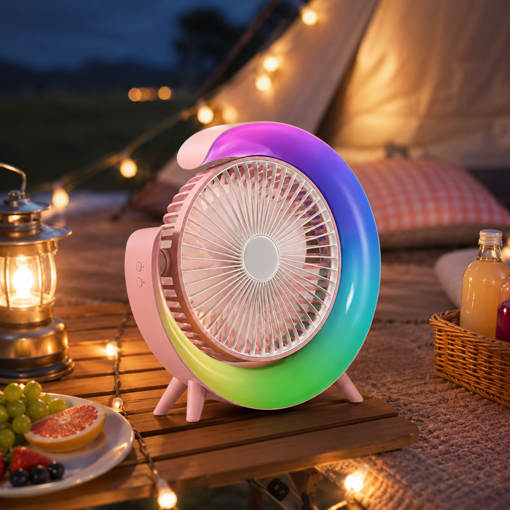 Mini Ventilator Portabil cu LED RGB, 3 Viteze, 5 Moduri de Iluminare, Ajustare 180°, Alimentare USB, Roz [5]
