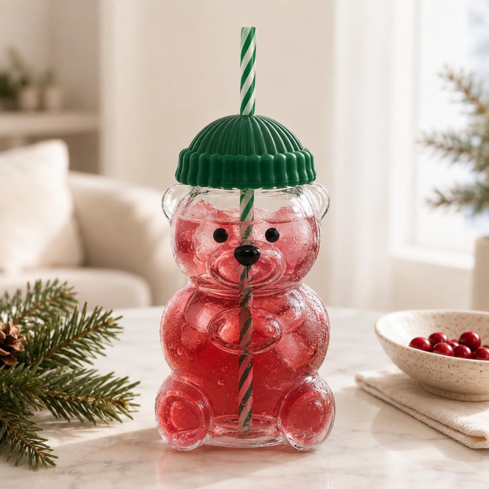 Pahar Reutilizabil cu Pai, Design Urs, Capacitate 500 ml, Plastic, Pentru Băuturi Reci [2]