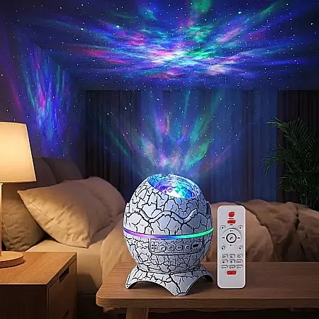 Gadgeturi - Proiector de Stele Zola în Formă de Ou de Dinozaur – Bluetooth, 4 Moduri Iluminare, 19 Sunete Relaxante Nature, Difuzor Hi-Fi 10W și Telecomandă: Universul Magic și Relaxarea Absolută direct în Camera