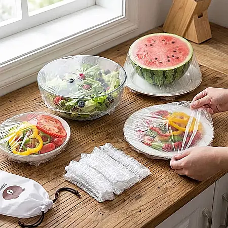 Bucătărie - Set 100 Capace Elastice Reutilizabile pentru Vase – Etanșare Universală 8–20 cm, Păstrare Prospețime, Polietilenă Sigură (BPA-free) și Design Flexibil: Soluția Eco-Friendly și Practică pentru Bucătări