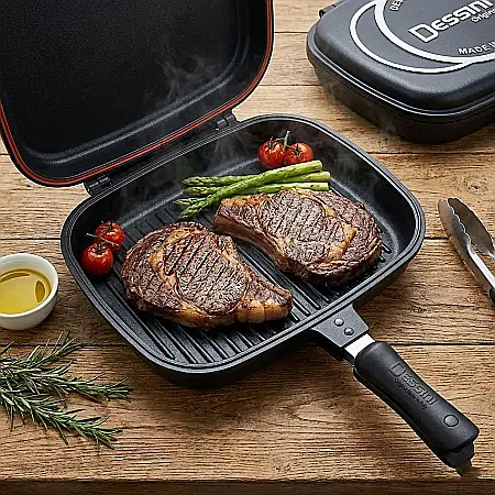 Bucătărie - Tigaie Dublă Gourmet Evolution 36 cm – Suprafață Antiaderentă Grill și Clasică, Aluminiu Turnat, Strat Non-Stick Marmorat, Mâner cu Magnet și Garnitură Silicon: Excelență Culinară, Gătire Fără Fum și 