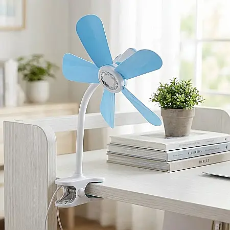 Electronice - Ventilator de Birou cu Clemă Zola – 360° Rotire, 180° Înclinare, Putere 8W, 5 Lame Eficiente, Comutator pe Cablu și Design Compact: Răcorire Personalizată și Economie de Spațiu pentru Birou sau Acasă