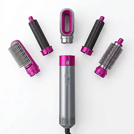 îngrijire feminină - Ondulator de Păr 5 în 1 cu Uscător și Perie Multifuncțională – Aer Cald 1000W, Rotativ 360°, 5 Accesorii Interșanjabile, Reglare Temperatură 3 Trepte, Coafare Rapidă, Gri/Roz