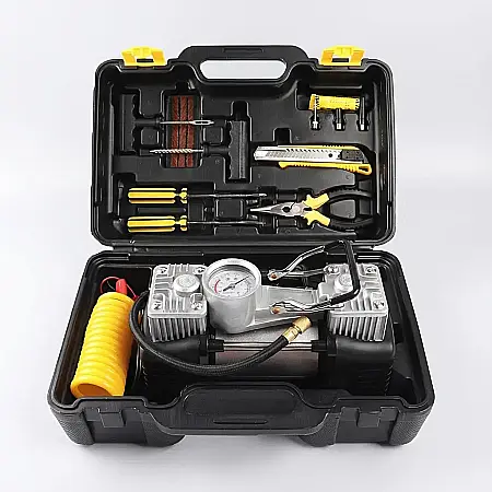 Auto - Kit Reparație Pană Auto cu Compresor Puternic 12V – 2 Cilindri, 7 Accesorii, Debit 40 l/min, Furtun 5m și Manometru Integrat: Soluția Completă pentru Siguranță și Mobilitate