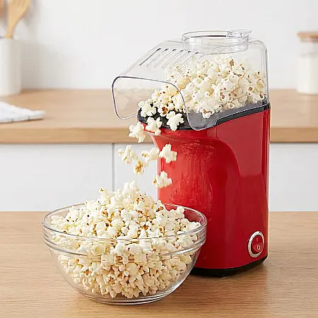 Bucătărie - Aparat Popcorn cu Aer Cald AT PERFORMANCE® – 1200W, Gata în 3 Minute, Capacitate 16 Canite, Recipient Boabe, Compartiment Unt, Roșu