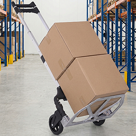 Unelte - Cărucior Marfă Pliabil din Aluminiu - Capacitate 70 kg, Greutate 7.9 kg, Roți Pline, Platformă și Mâner Pliabile, Ideal pentru Depozit
