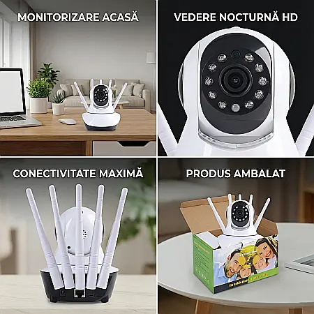 Camere - Cameră de supraveghere WiFi cu 5 antene, rezoluție Full HD, vedere nocturnă, detecție mișcare, audio bidirecțional