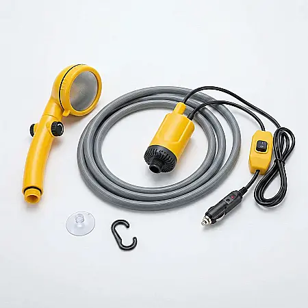 Casă & Grădină - Kit Duș Portabil APF 12V pentru Voiaj și Camping – Pompă Electrică 3.5L/min, Debit Reglabil, Accesorii Fixare