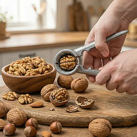 Bucătărie - Clește de Spart Nuci din Aluminiu – Design Tip Pâlnie cu Țepi pentru Spargere Ușoară, Rezistent la Șocuri și Coroziune, 19 cm, Multifuncțional pentru Nuci, Sticle de Șampanie și Capace Strânse