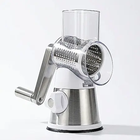 Bucătărie - Răzătoare Manuală cu Manivelă din Inox – 3 Lame Rotative Interschimbabile, Tocare și Feliere Rapidă, Ventuză de Fixare Ultra-Stabilă, Design Ergonomic