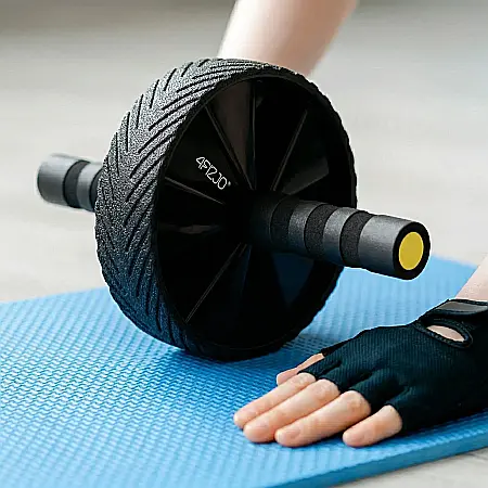 Casă & Grădină - Roată de Antrenament Abdominal AB Wheel PRO 4FIZJO – Fitness și Tonifiere Core, Mânere Antiderapante din Spumă, Roată Cauciucată Silențioasă, Negru/Galben