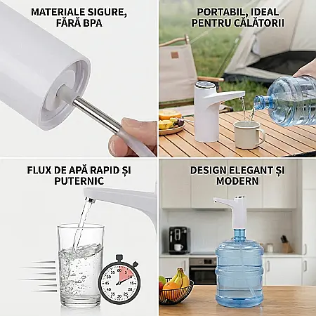 Dozator Electric Reîncărcabil de Apă, Compatibil Bidoane 18,9L, Pompare 600 ml/Apăsare, Putere 5W, Alb, Baterie Incorporată, Încărcare USB [3]