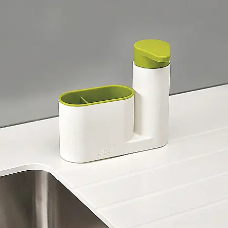 Bucătărie - Set 2 în 1 Dispenser și Suport Burete pentru Vase – Organizator Chiuvetă, Depozitare Săpun Lichid, Design Ergonomic Alb & Verde, 18 x 16,5 cm
