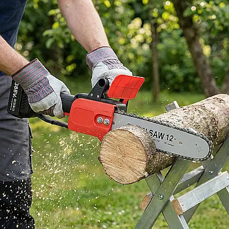 Unelte - Drujbă Electrică cu Lanț 12 Inch 1200W – 2 Acumulatori 48V Lithium, 4800 RPM, Lamă 305mm, Portabilă și Ergonomică pentru Tăiere Lemn, Grădină și Bricolaj