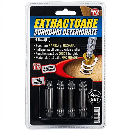 Unelte - Set 4 Extractoare Șuruburi Deteriorate sau Rupte – Oțel de Înaltă Rezistență, 4 Mărimi Universale, Soluție Rapidă pentru Șuruburi Blocate, Include Cutie Depozitare